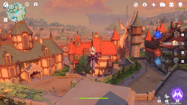 Off we go! Fishl jumping from a wall overlooking a city.