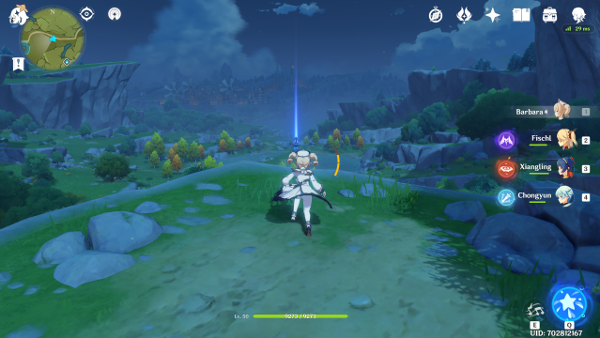 Running towards adventure! Player character running towards a cliff with a view of the game world.