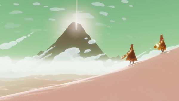 Companions Player character and a companion standing on a sandy dune, looking at a tall mountain on a horizon