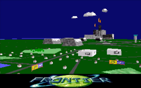 Elite 2 Frontier Aerial view of a simple city with Frontier game logo at the bottom