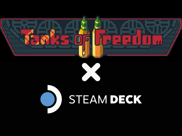 Game title logo accompanied by Steam Deck logo Pixel art logo of game title saying Tanks of Freedom 2