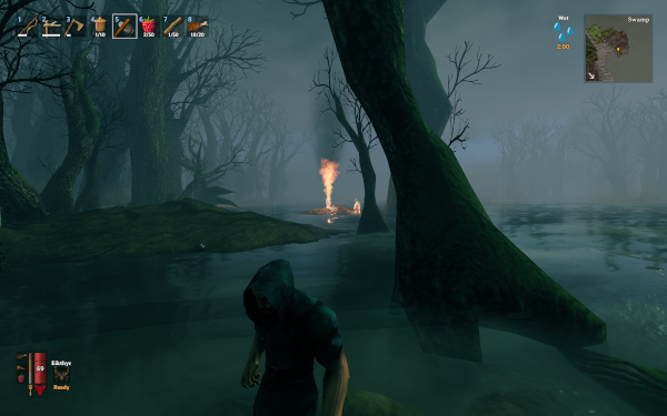 A literal swamp Player character standing in a swamp, surrounded by ancient trees, with a fiery geyser in the background.