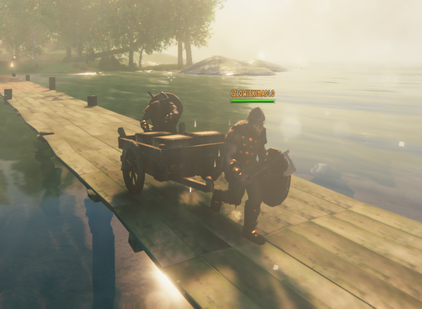 Can we get a horse please? Player character pulling a cart full of crates, while a second character sits on top of it.